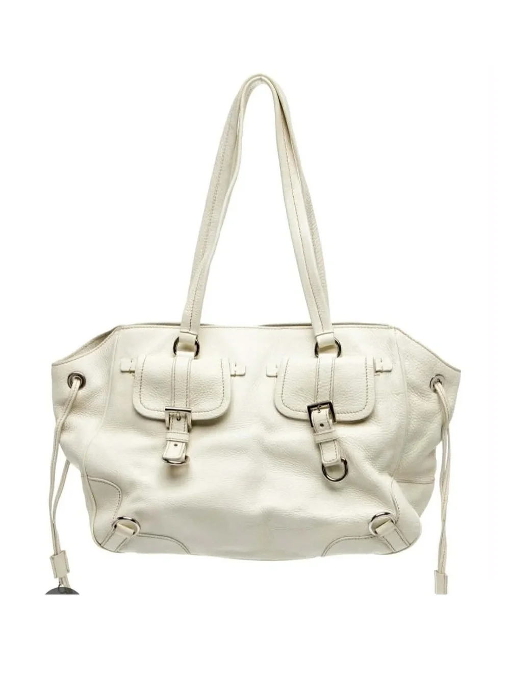 Prada Cream Leather Shoulder Tote with Buckle Flap Pockets